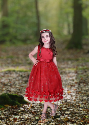Beaded Red Satin Glitter Tulle 3D Flowers Sparkly Flower Girl Dress